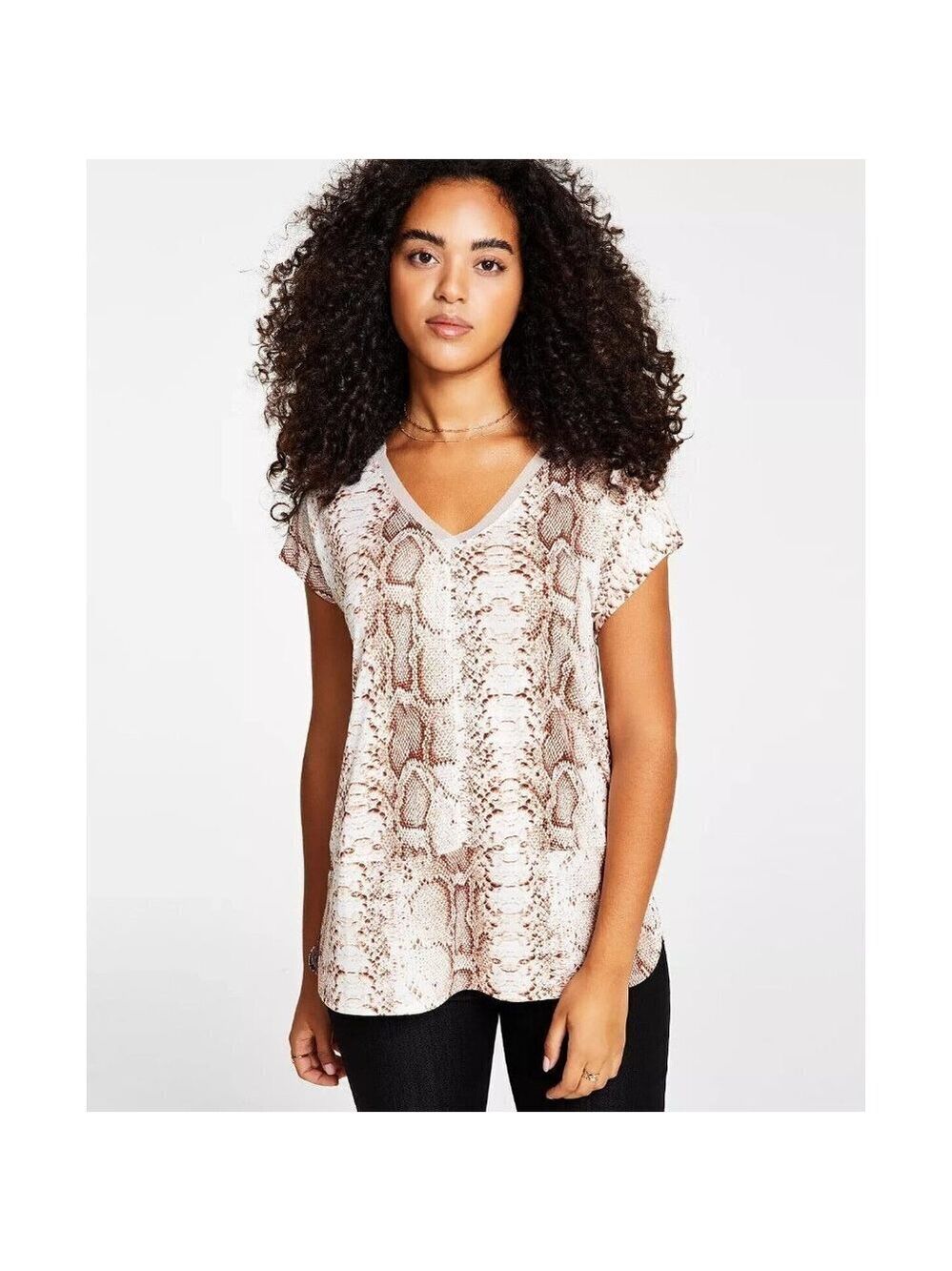 BAR III Women's Snake-Print Mesh-Trim V-Neck Top Size XS